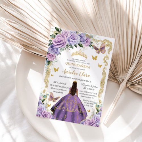 Quinceaera Purple Lilac Rose Floral Gold Princess Invitation