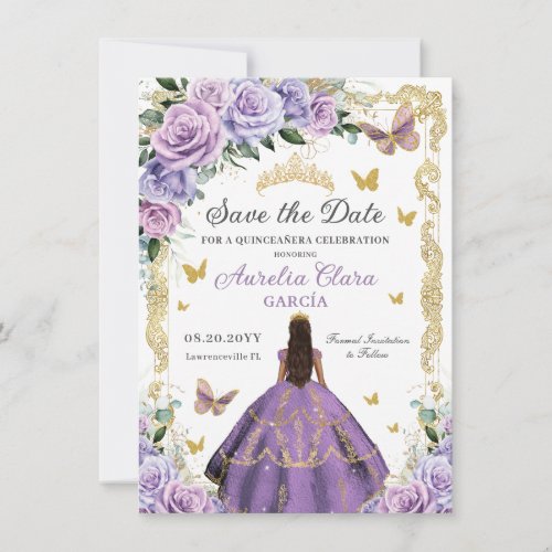 Quinceaera Purple Lilac Rose Floral Gold Princess Save The Date