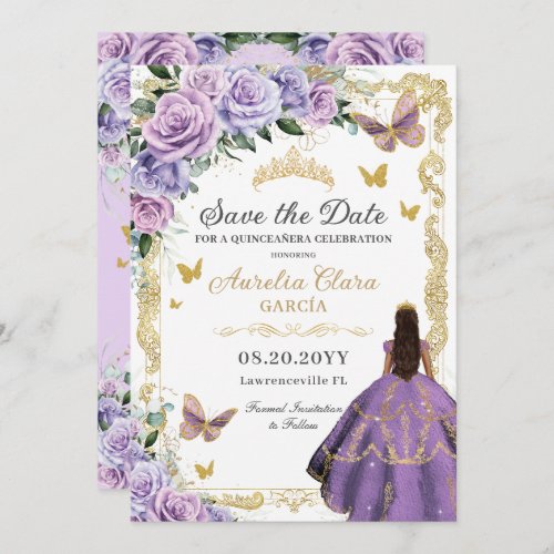 Quinceaera Purple Lilac Rose Floral Gold Princess Save The Date
