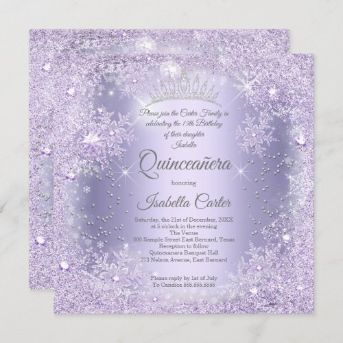 Quinceanera Purple Lilac Snowflake Winter party Invitation