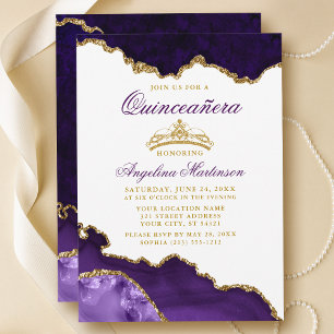 Quinceanera Purple Marble Gold Crown Invitation