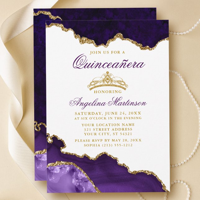 Quinceanera Purple Marble Gold Crown Invitation (Customize to change text size, text color or text style.)