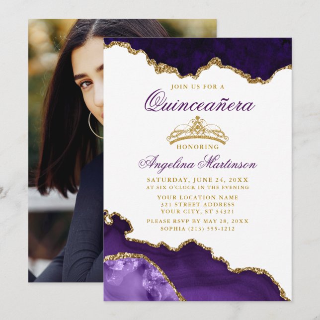 Quinceanera Purple Marble Gold Crown Photo Invitation (Front/Back)