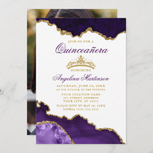 Quinceanera Purple Marble Gold Crown Photo Invitation