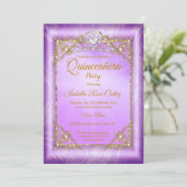 Quinceanera Purple pearl photo Gold Tiara party Invitation (Standing Front)