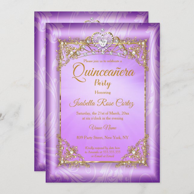 Quinceanera Purple pearl photo Gold Tiara party Invitation (Front/Back)