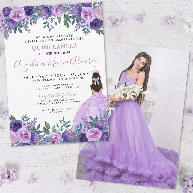 Quinceanera Purple Photo Floral Invitation (Quinceanera Lavender Purple Photo Floral Invitation)