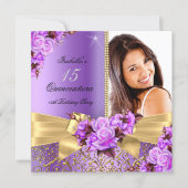 Quinceanera Purple Photo Gold Rose 15th Birthday Invitation (Front)