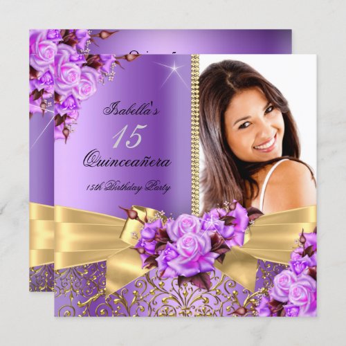 Quinceanera Purple Photo Gold Rose 15th Birthday Invitation