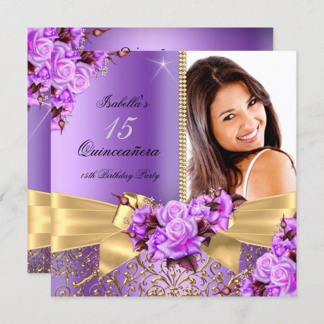 Quinceanera Purple Photo Gold Rose 15th Birthday Invitation (Front/Back)