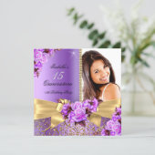 Quinceanera Purple Photo Gold Rose 15th Birthday Invitation (Standing Front)