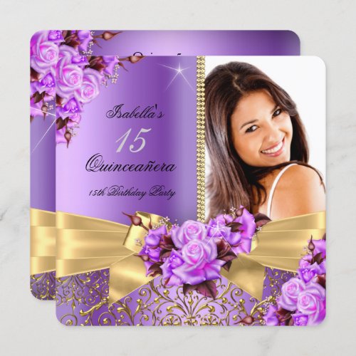 Quinceanera Purple Photo Gold Rose 15th Birthday Invitation