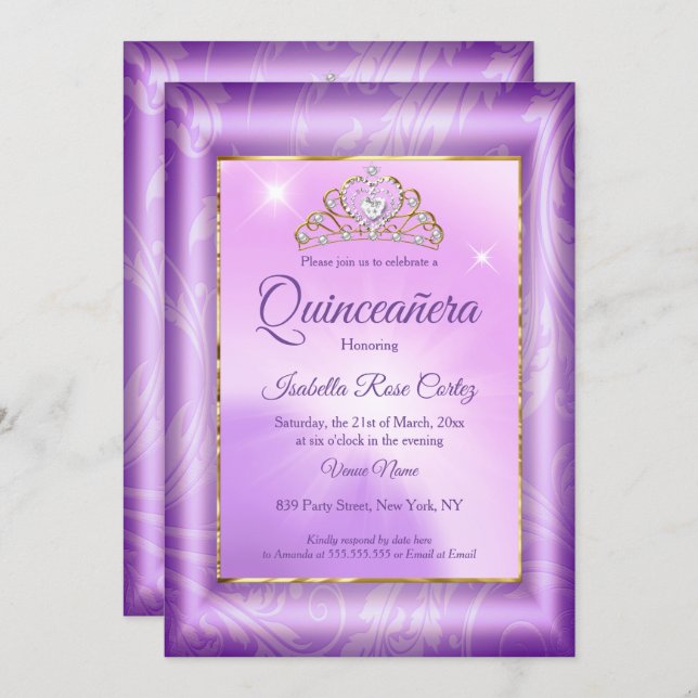 Quinceanera Purple photo Gold Tiara party Invitation (Front/Back)