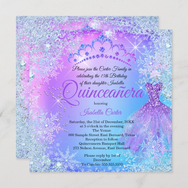 Quinceanera Purple Pink Blue Winter WonderLand Invitation (Front/Back)