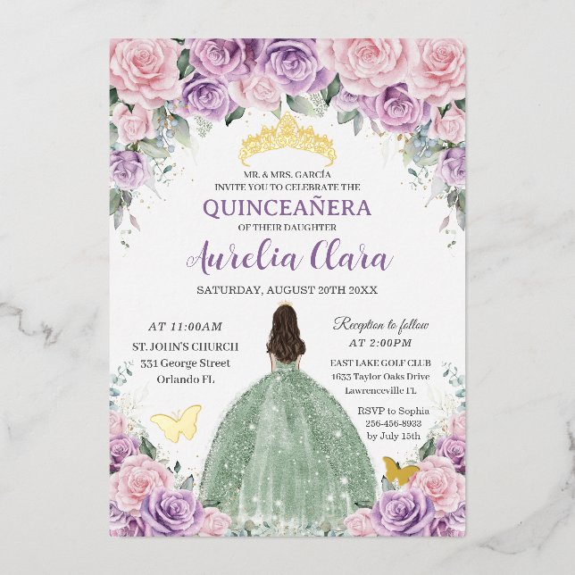 Quinceañera Purple Pink Floral Sage Green Dress Foil Invitation (Front)