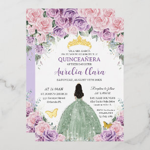 Quinceañera Purple Pink Floral Sage Green Dress Foil Invitation