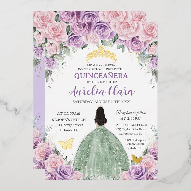 Quinceañera Purple Pink Floral Sage Green Dress Foil Invitation (Front/Back)