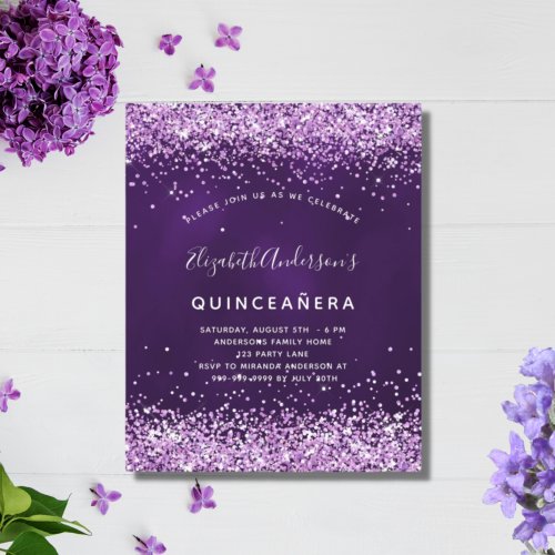 Quinceanera purple pink glitter budget invitation flyer