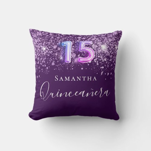 Quinceanera purple pink glitter dust monogram throw pillow