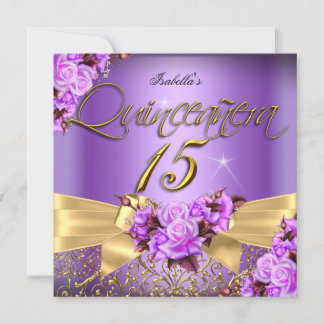 Quinceanera Purple Pink Rose Birthday Gold Bow Invitation