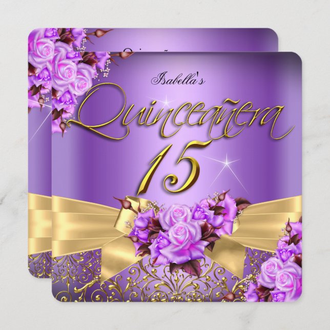 Quinceanera Purple Pink Rose Birthday Gold Bow Invitation (Front/Back)