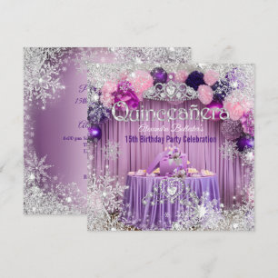 Quinceanera Purple Pink Silver Tiara Snowflake  Invitation
