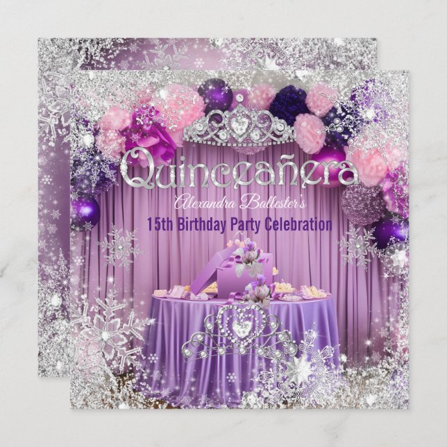 Quinceanera Purple Pink Silver Tiara Snowflake  Invitation (Front/Back)