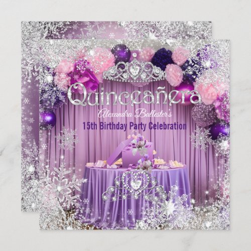 Quinceanera Purple Pink Silver Tiara Snowflake  Invitation