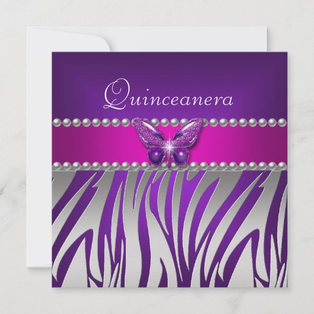 Quinceanera Purple Pink Zebra Silver Butterfly Invitation (Front)