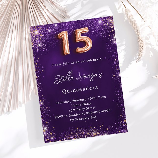 Quinceanera purple rose gold premium invitation (Creator Uploaded)