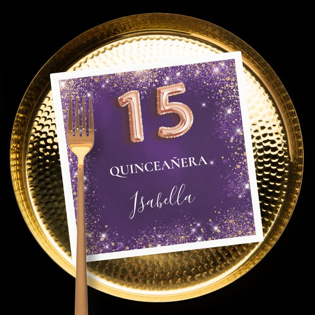 Quinceanera purple rose gold sparkles name napkins (Creator Uploaded)