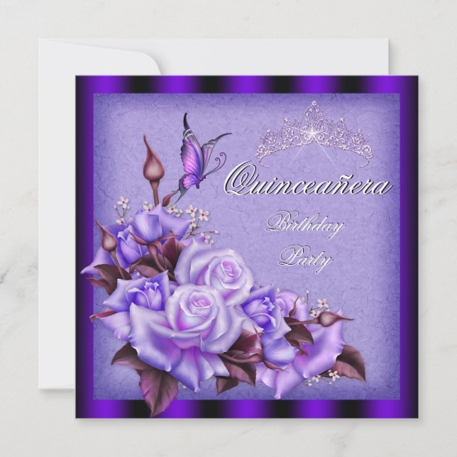 Quinceanera Purple Roses Butterfly Floral Invitation (Front)