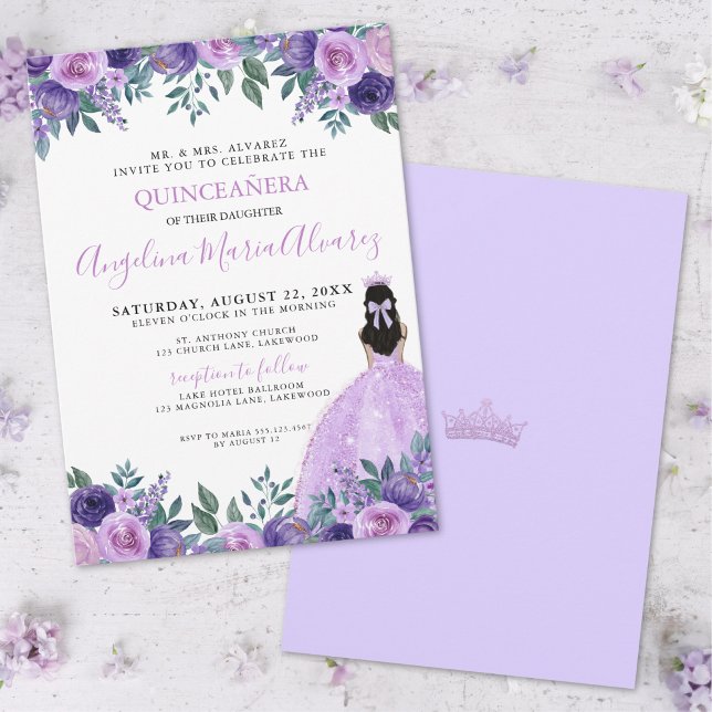 Quinceañera Purple Roses Floral Invitation (Quinceañera Purple Roses Flowers Crown Invitation)