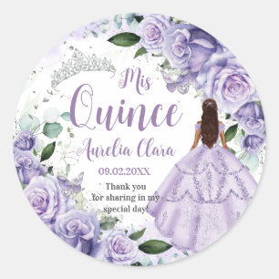 Quinceañera Purple Roses Floral Silver Princess Classic Round Sticker