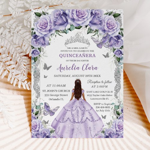 Quinceaera Purple Roses Floral Silver Princess Invitation