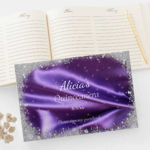 Quinceanera Purple Satin Pretty Silver Glitter   Guest Book
