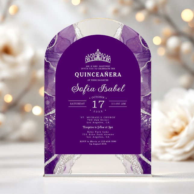 Quinceañera Purple Silver Agate Elegant Acrylic Invitations (Creator Uploaded)
