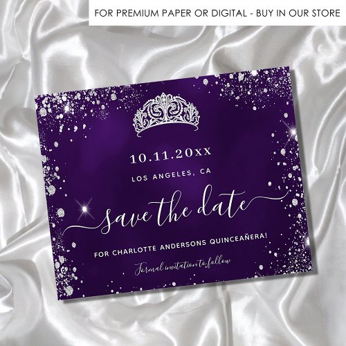 Quinceanera purple silver budget glitter save date flyer