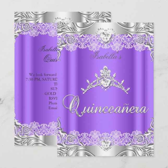 Quinceanera Purple Silver Diamond Tiara 15th Party Invitation (Front/Back)