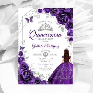 Quinceanera Purple Silver Dress Floral Invitation