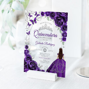 Quinceanera Purple Silver Floral Acrylic Invitations