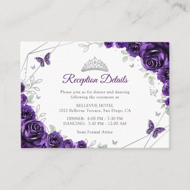 Quinceanera Purple Silver Floral Details Enclosure Card (Front)
