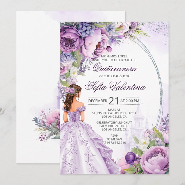 Quinceanera Purple Silver Floral Invitation (Front/Back)