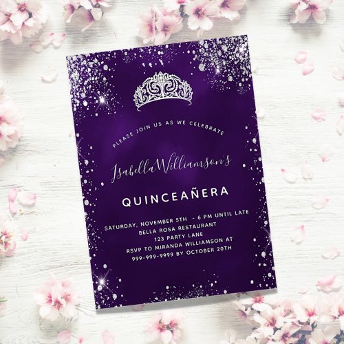 Quinceanera purple silver glitter tiara crown invitation postcard
