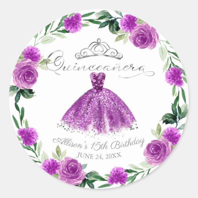 Quinceanera Purple Silver Gown Floral Classic Round Sticker (Front)