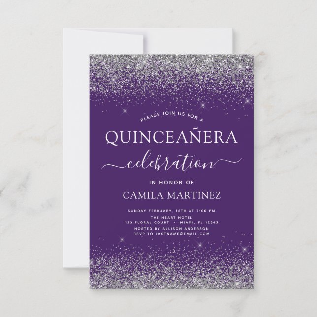 Quinceanera Purple Silver Modern Glitter Invitation (Front)