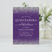 Quinceanera Purple Silver Modern Glitter Invitation (Standing Front)