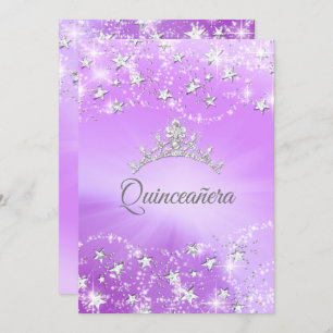 Quinceanera Purple Silver Sparkle Tiara Stars Invitation