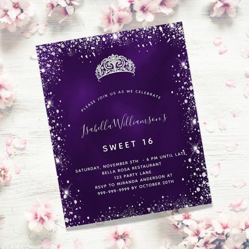 Quinceanera purple silver tiara budget invitation flyer