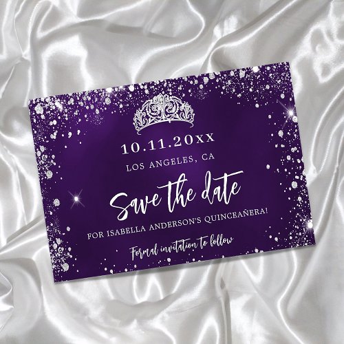 Quinceanera purple silver tiara save the date announcement postcard